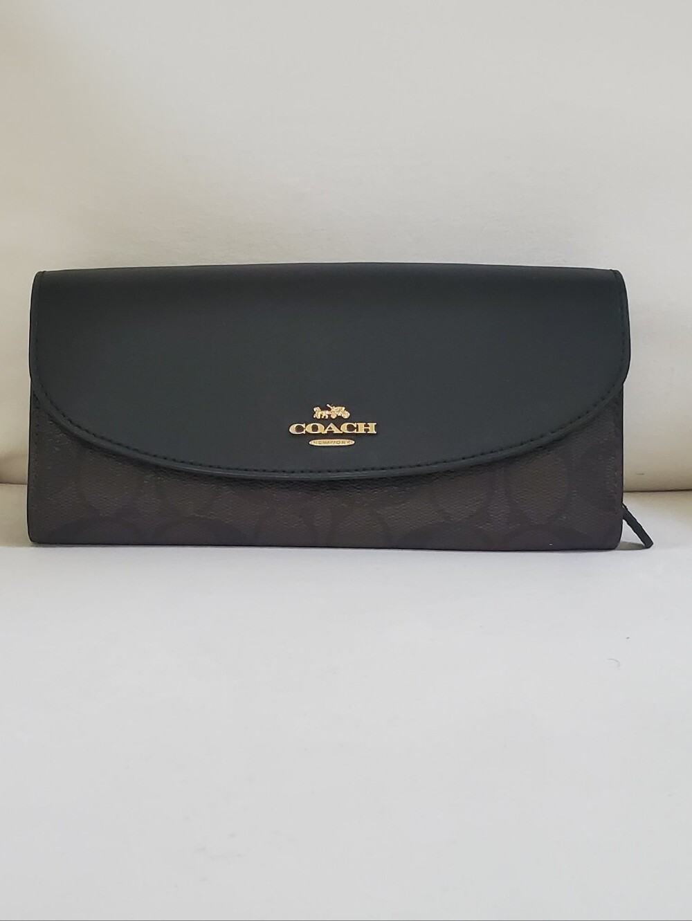 Coach Black & Brown Signature Foldover Wallet with Gold Logo